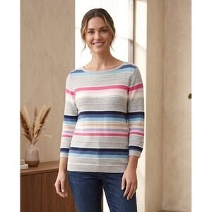 Chaps Striped Boat Neck 3/4 Sleeve Linen Sweater Women's L Cotton Knit Vacation